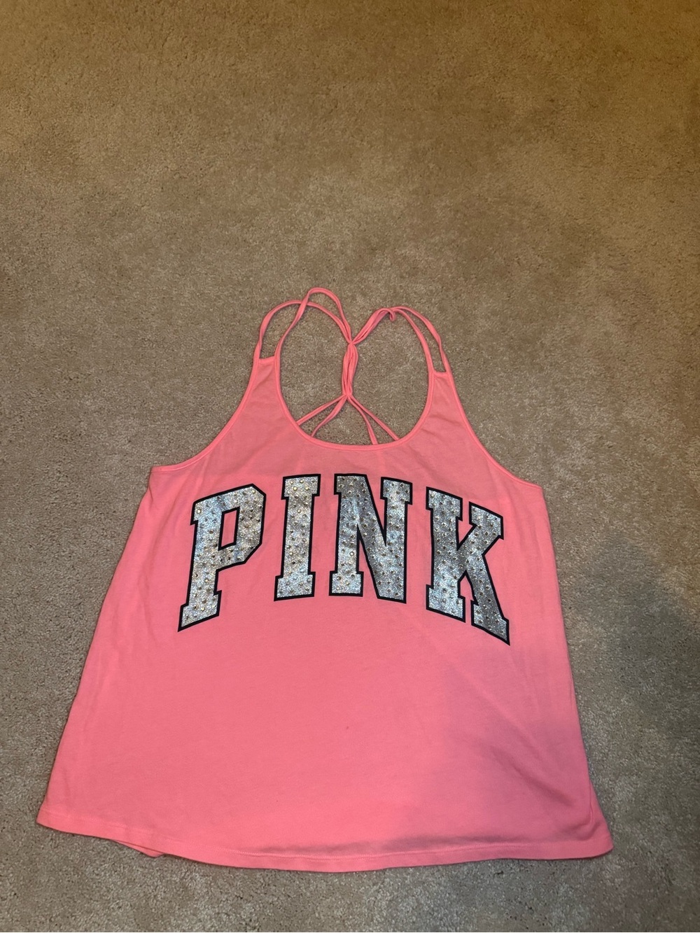 PINK Victoria's Secret Coral Pink Strappy Tank with Glitter Logo